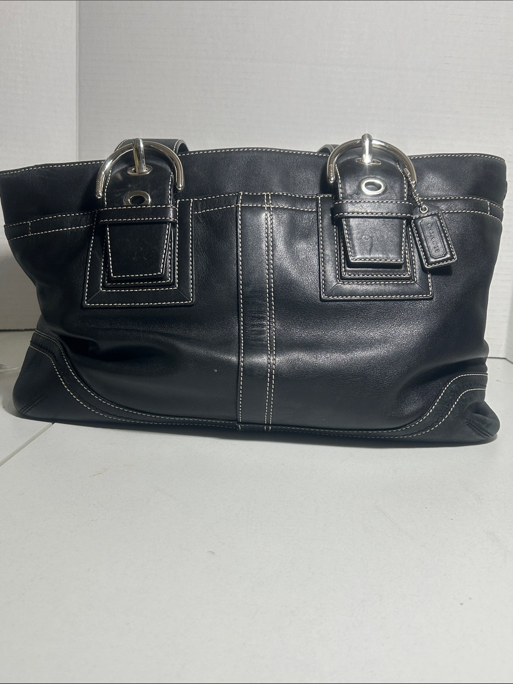 Coach Black Leather Shoulder Bag with White Contrast Stitching